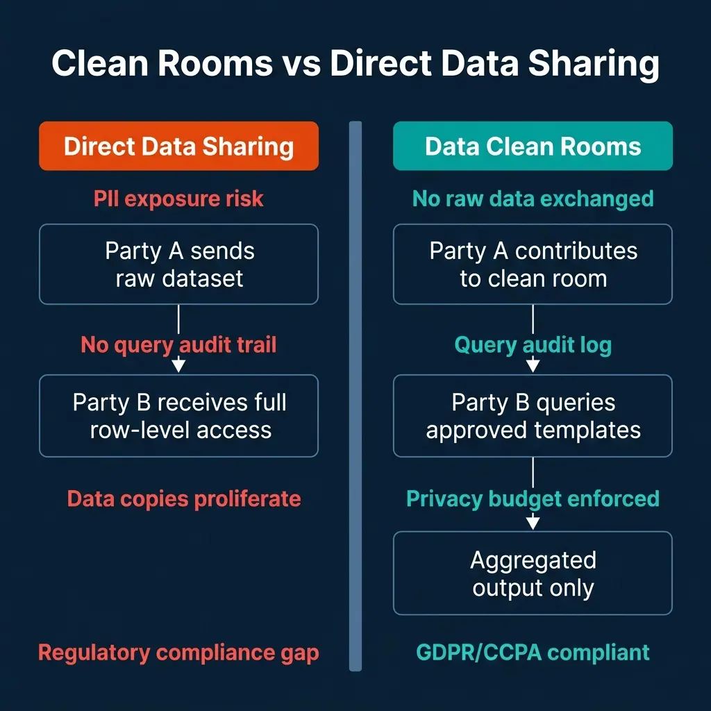 Side-by-side comparison showing direct data sharing risks (PII exposure, no audit trail, proliferating copies, compliance gap) versus data clean room benefits (no raw data exchanged, query audit log, privacy budget enforced, GDPR/CCPA compliant)