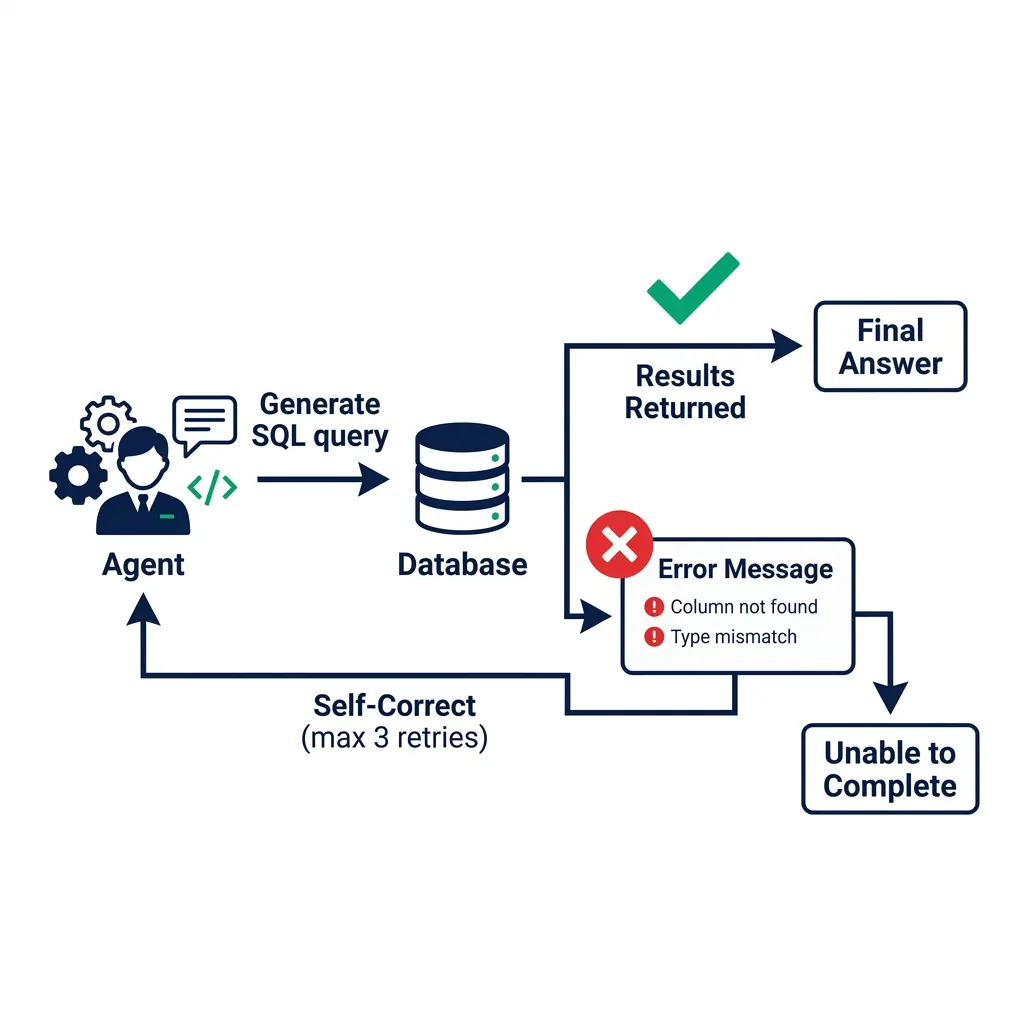 Agentic analytics self-correction error handling flow